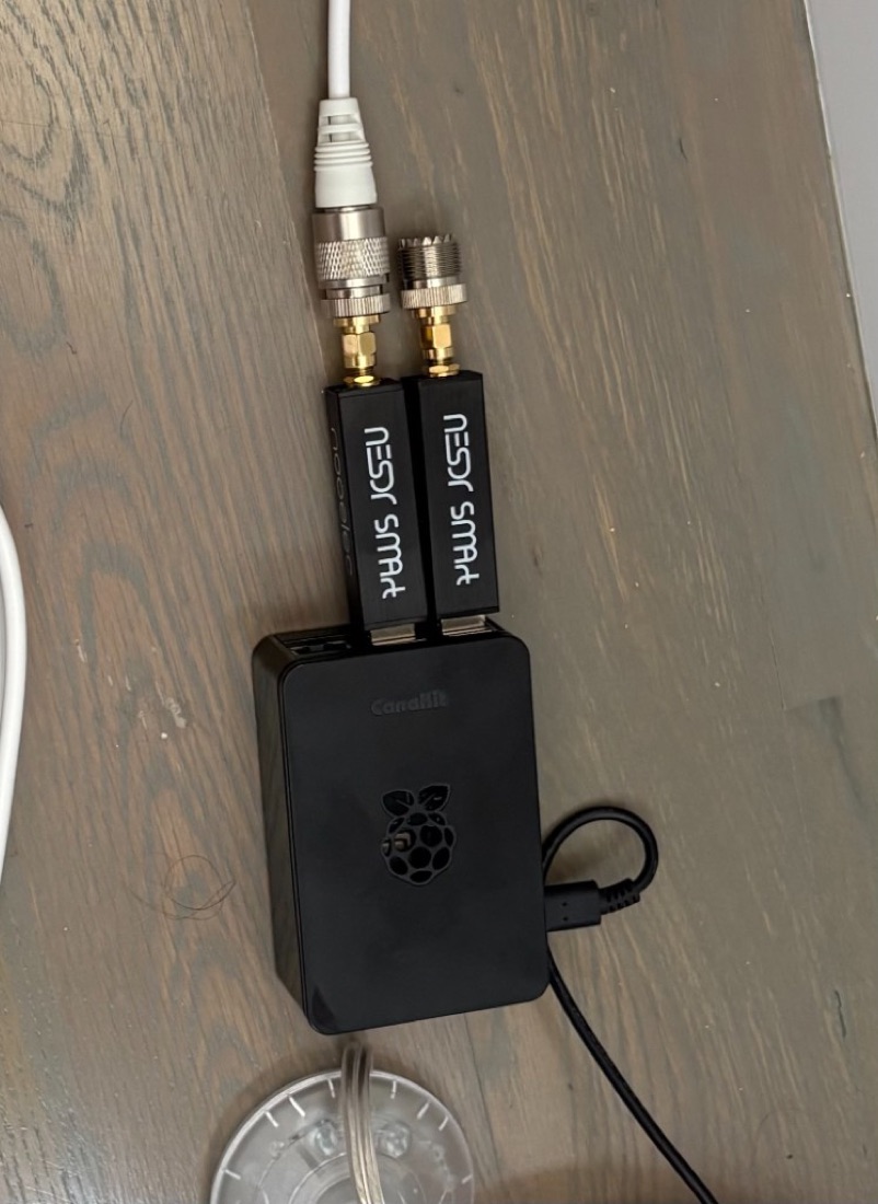 Raspberry Pi with SDR dongle and antenna adapter
