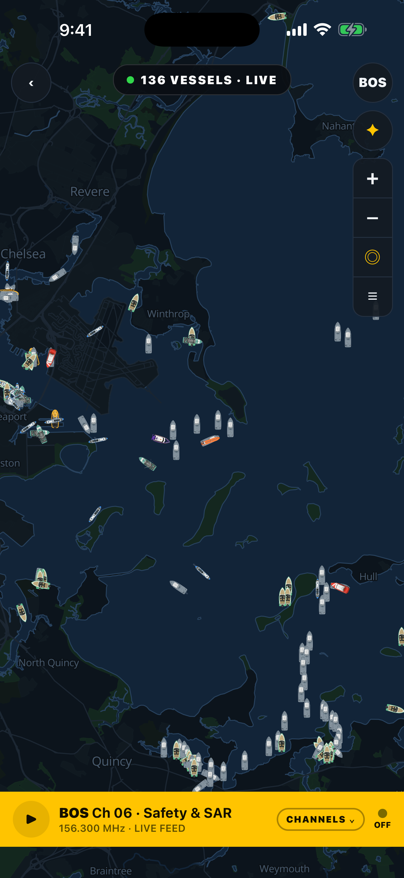 Live Boston Harbor map with 136 vessels